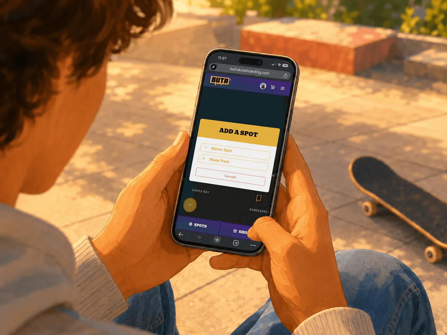 Skater holding a phone open to BUTR Add a Spot, with Street Spot and Skate Park options and a board on the ground