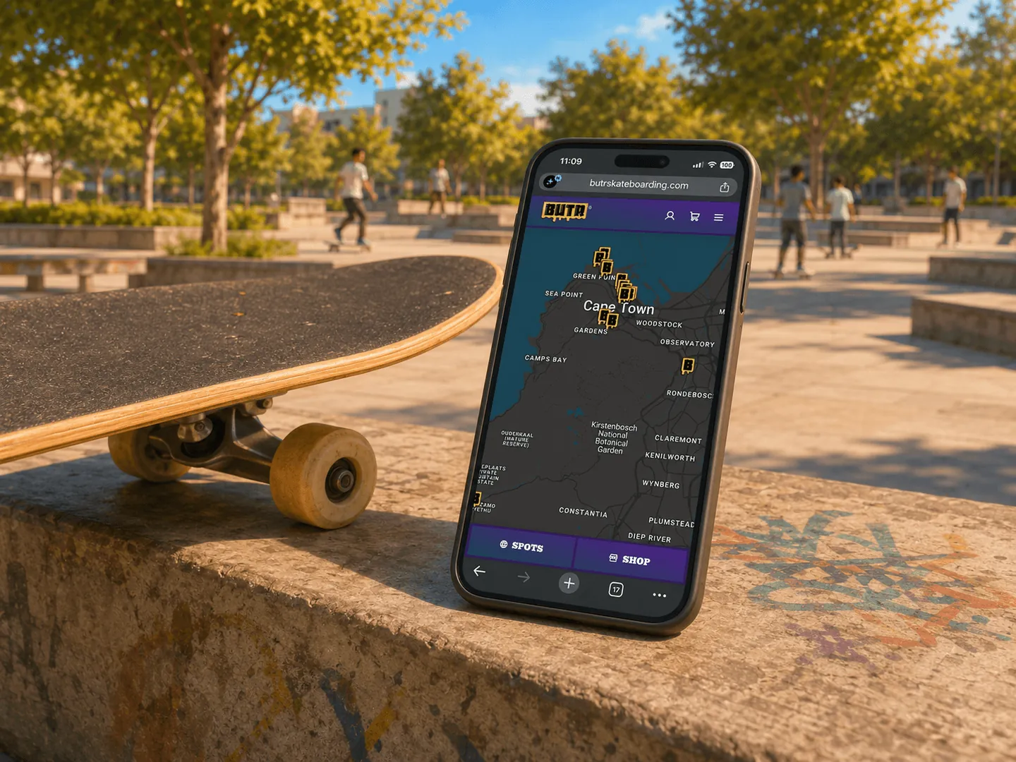 Phone showing the BUTR Spots map at a skatepark, propped on a concrete ledge next to a skateboard