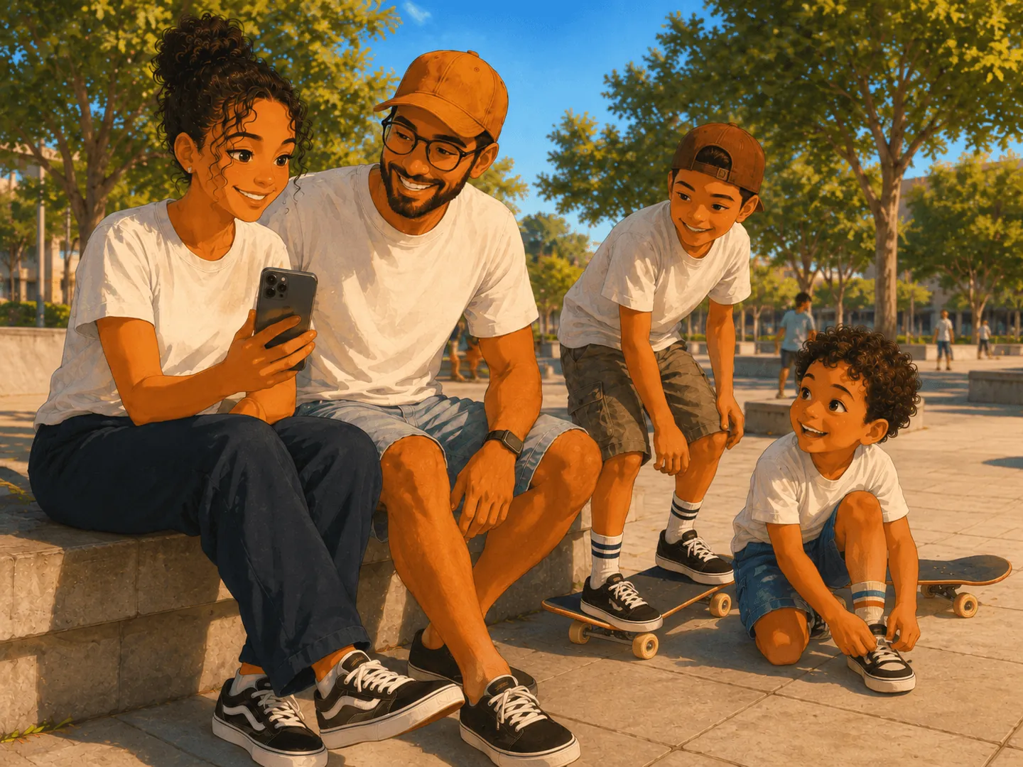 Family at a skatepark looking at a phone together before a skate session