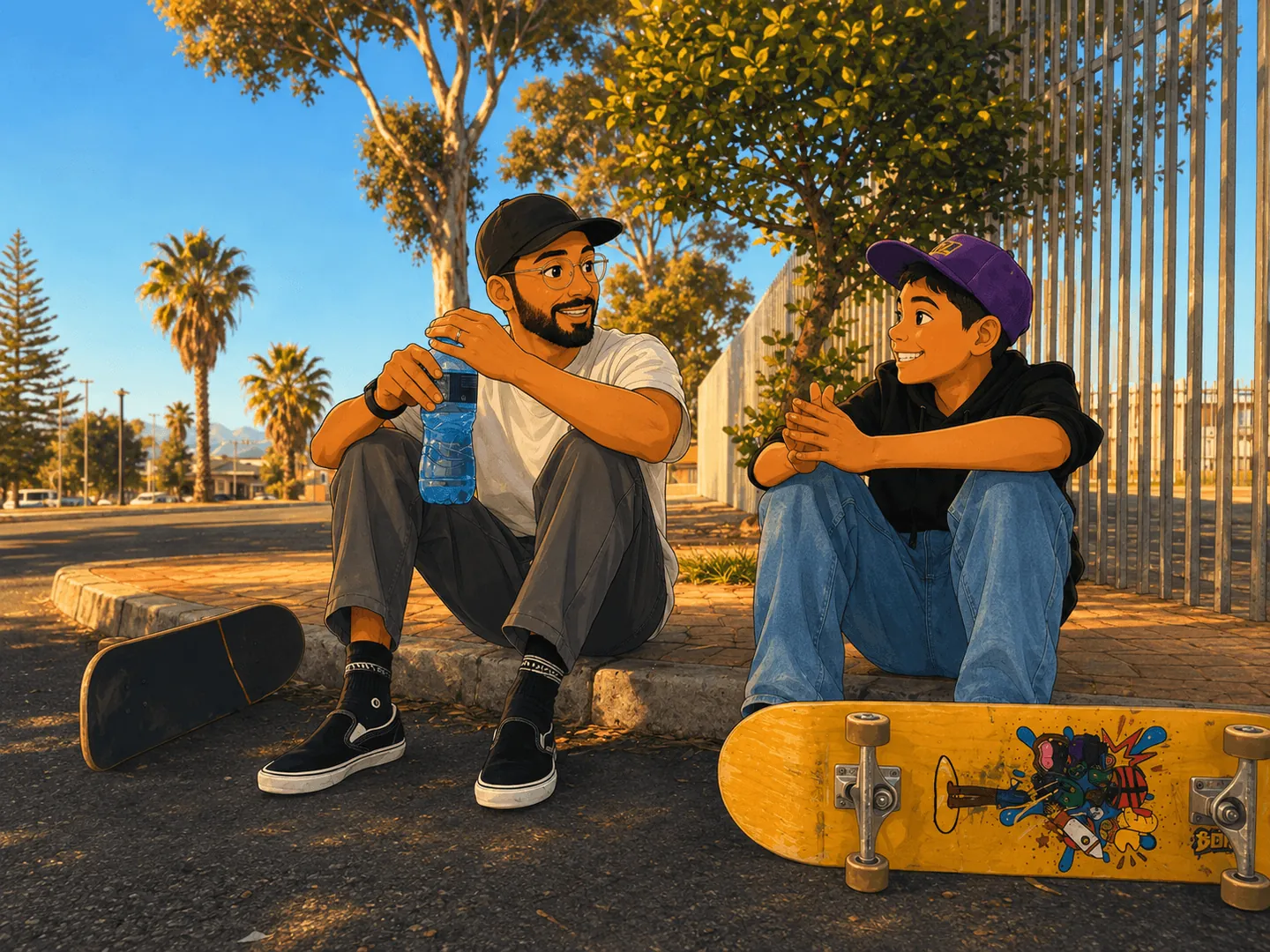 Father and son sitting on a curb smiling during a skate break, with their boards on the ground beside them
