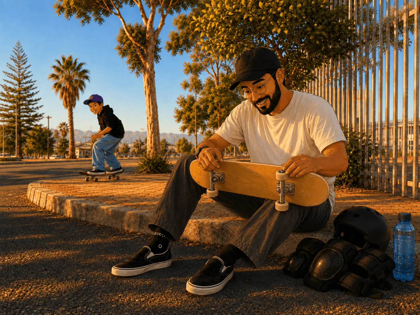 Father on a curb checking his skateboard trucks before a session, with protective gear nearby and his son skating behind him