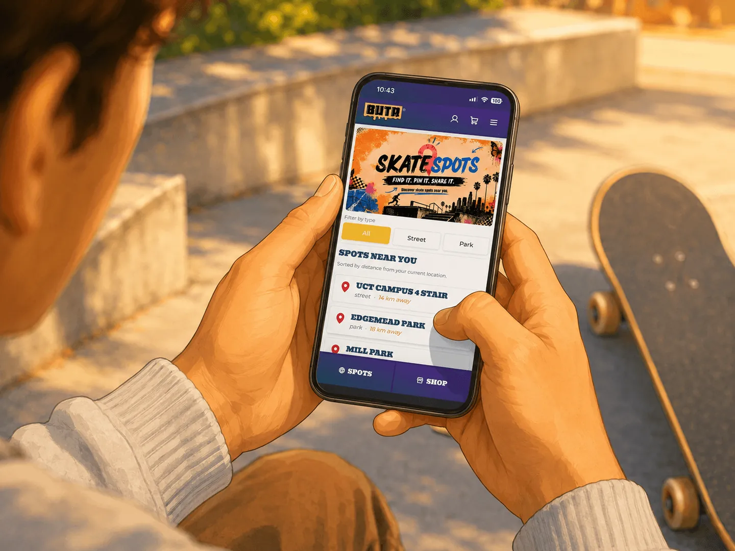 Over-the-shoulder view of a skater browsing Spots Near You in the BUTR app, skateboard nearby