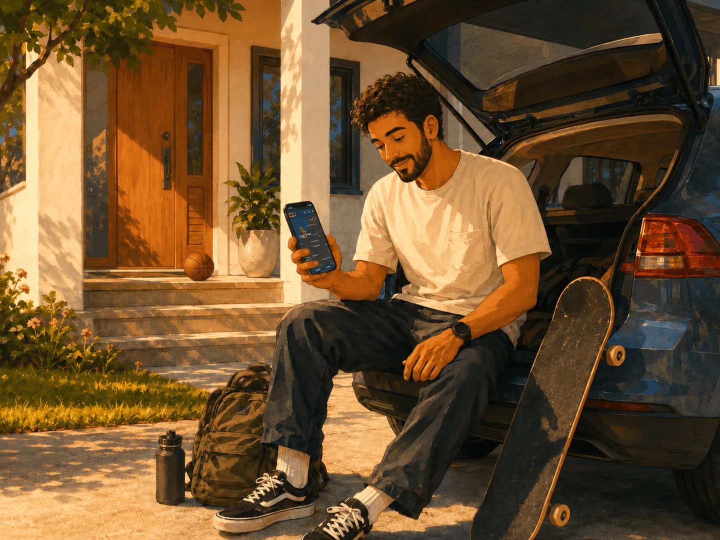 Skater sitting in an open car trunk checking BUTR Spots on his phone, skateboard and bag ready beside him